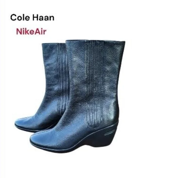 Cole Haan Nike Air Kiersten Black Leather Calf High Wedge Heel Boot Shoe Women 7 - Picture 5 of 12